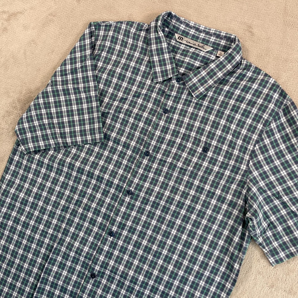 Travis Mathew Performance Shirt Men XL Blue Plaid Stretch Short Sleeve Golf Prep